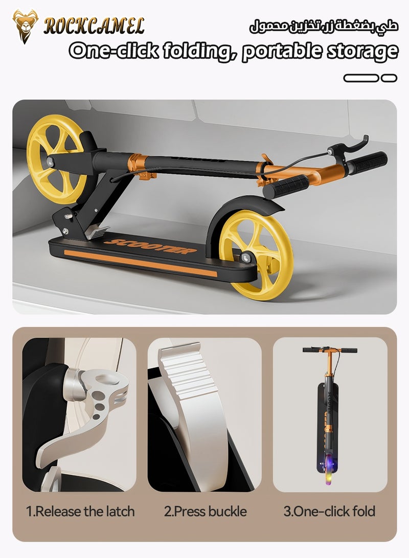 ROCKCAMEL 2-Wheel Kick Scooter with Handlebar & Rear Foot Brake, Foldable Lightweight Scooter with LED Lighted Wheels and 3-Level Adjustable Height Handlebars, Push Scooter for kids 5-18 Years, Black - Image 4